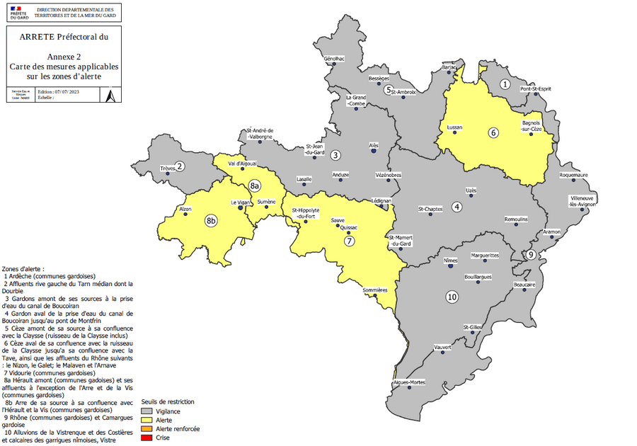carte secheresse gard 07 juillet 2023